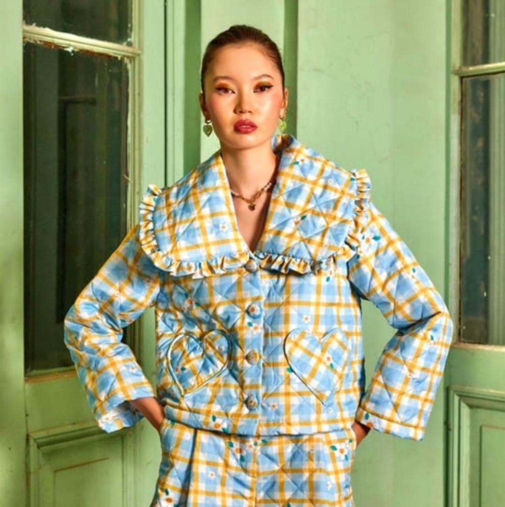 Plaid Ruffle-Collar Puffer Jacket in Blue & Yellow